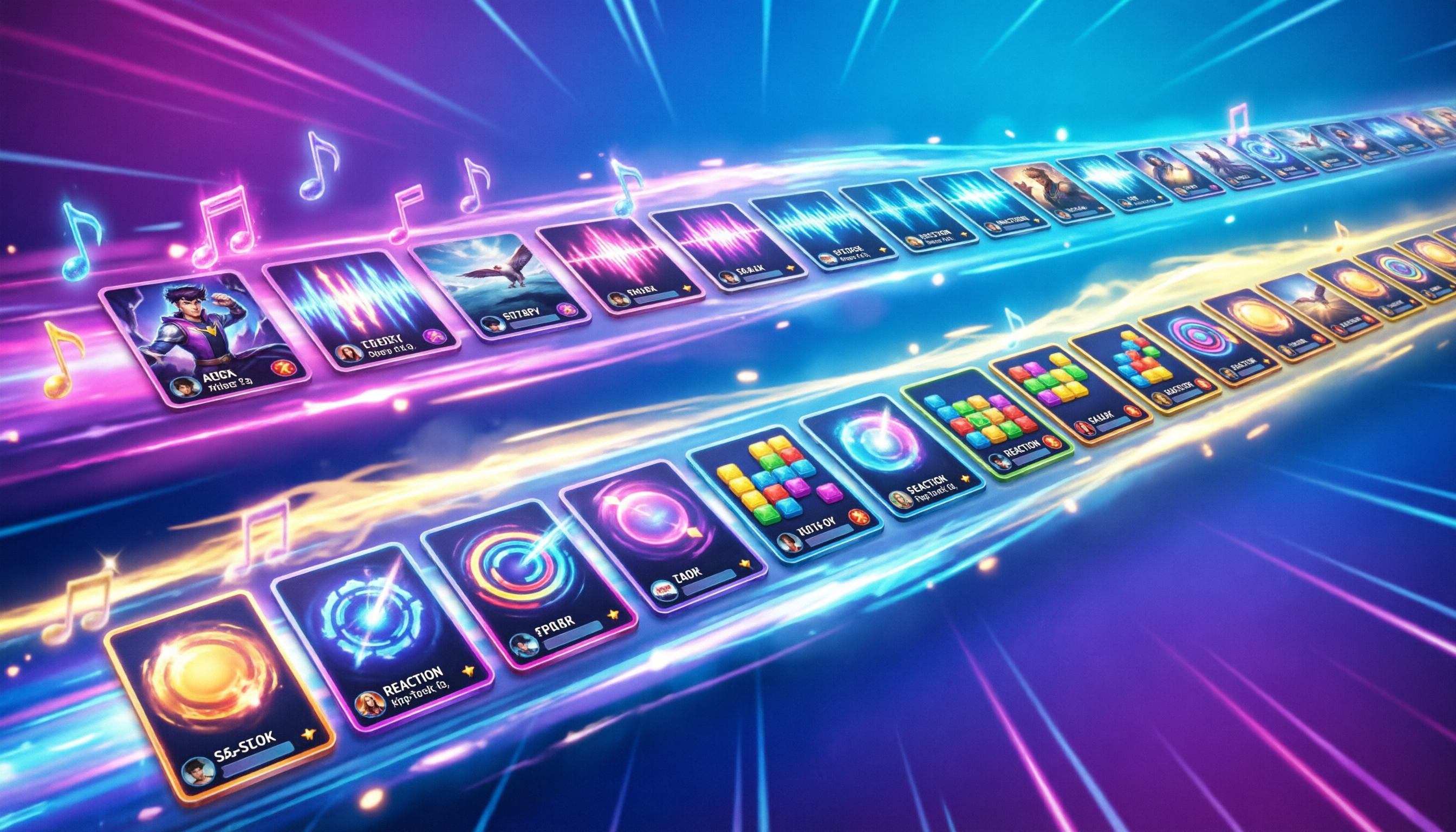 Gyorsan mozgó színes arcade UI sávok ritmus, puzzle és válaszjátékokkal